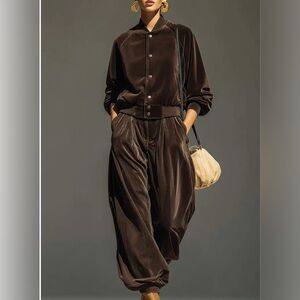 Retro-Chic Elegant Rich Brown Velvet Jacket + Cuffed Pants Set Boutique New XXL